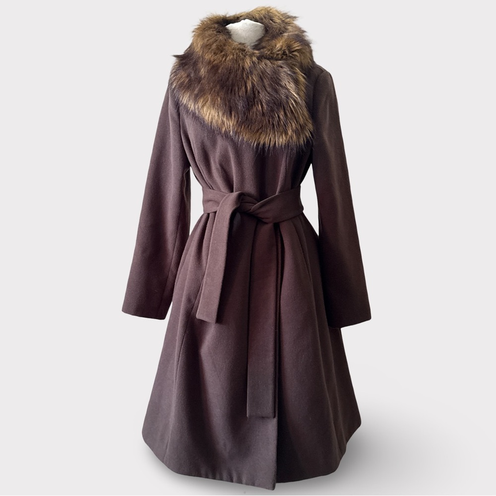 Vintage Brown Belted Wrap Coat with removable Faux Fur Collar Size Large